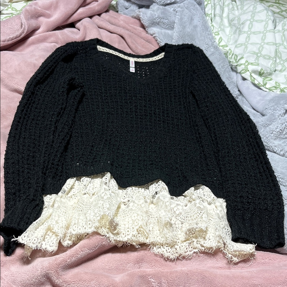 Xhilaration Black Knit Sweater with Cream Lace Hem